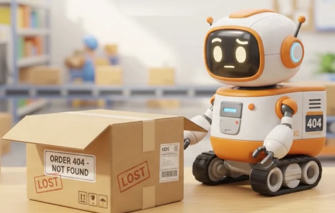 A little delivery robot looking at an open box labelled Order 404, not found
